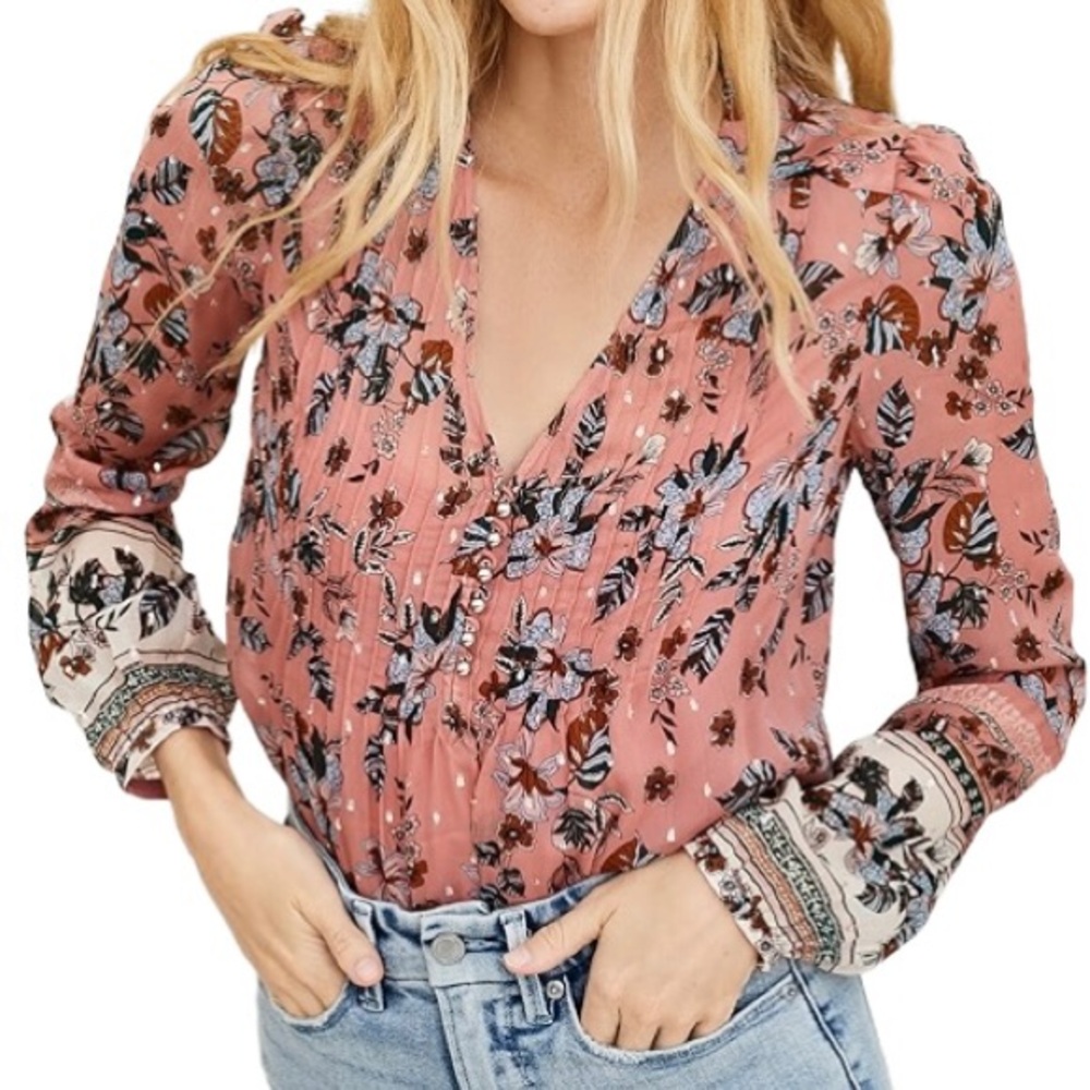 Veronica Beard Dusty Rose Floral V-Neck Pintuck Blouse